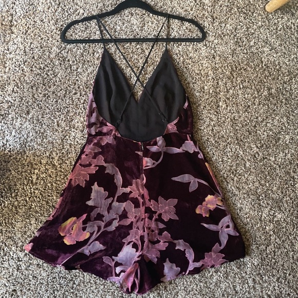 Wine colored, velvet floral romper - Picture 2 of 2